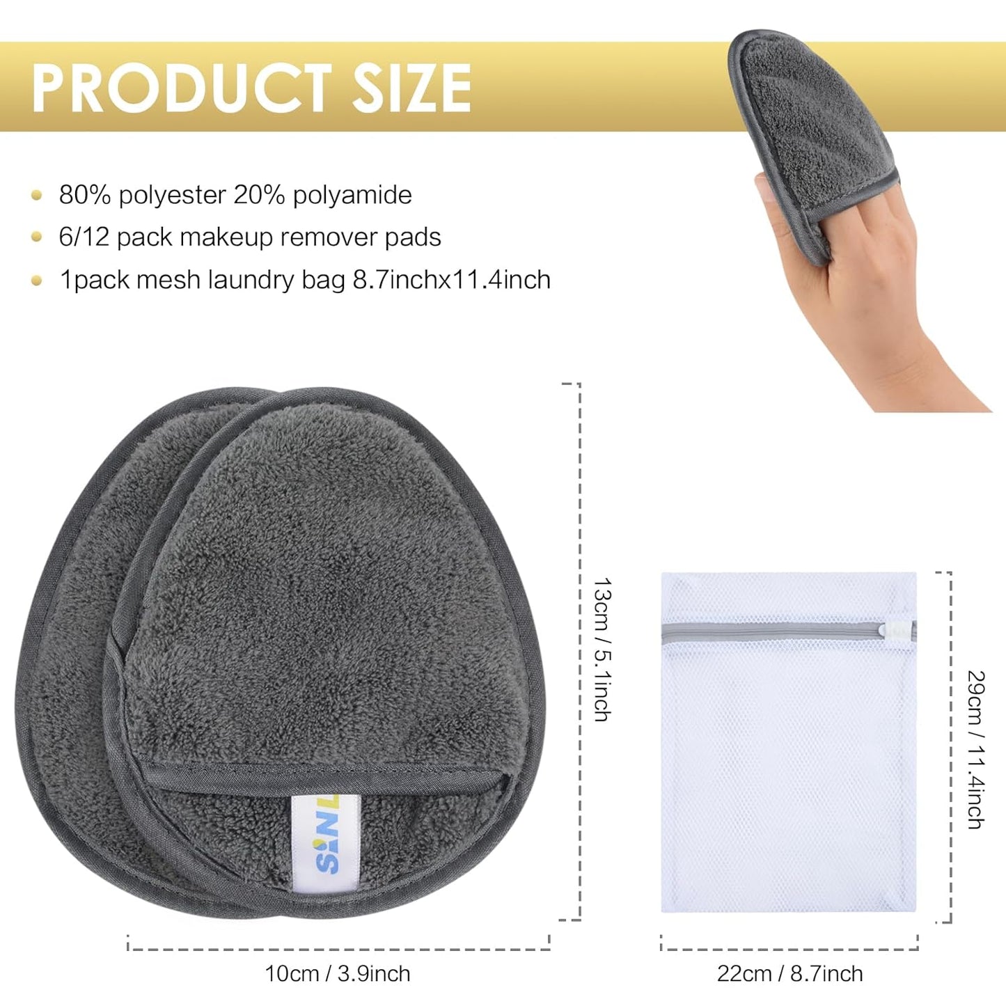 SINLAND Reusable Makeup Remover Pads For Face,Eye,Lips Microfiber Gentle Facial Cleansing Cloths for All Skin Types Friendly for Makeup Remover With Laundry Bag 5.1inchx3.93inch Grey Pack of 12