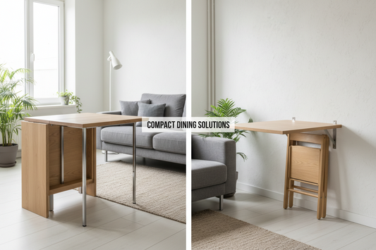 ide-by-side comparison of a folding dining table and wall-mounted drop-leaf table in a modern small apartment, showcasing space-saving compact dining solutions