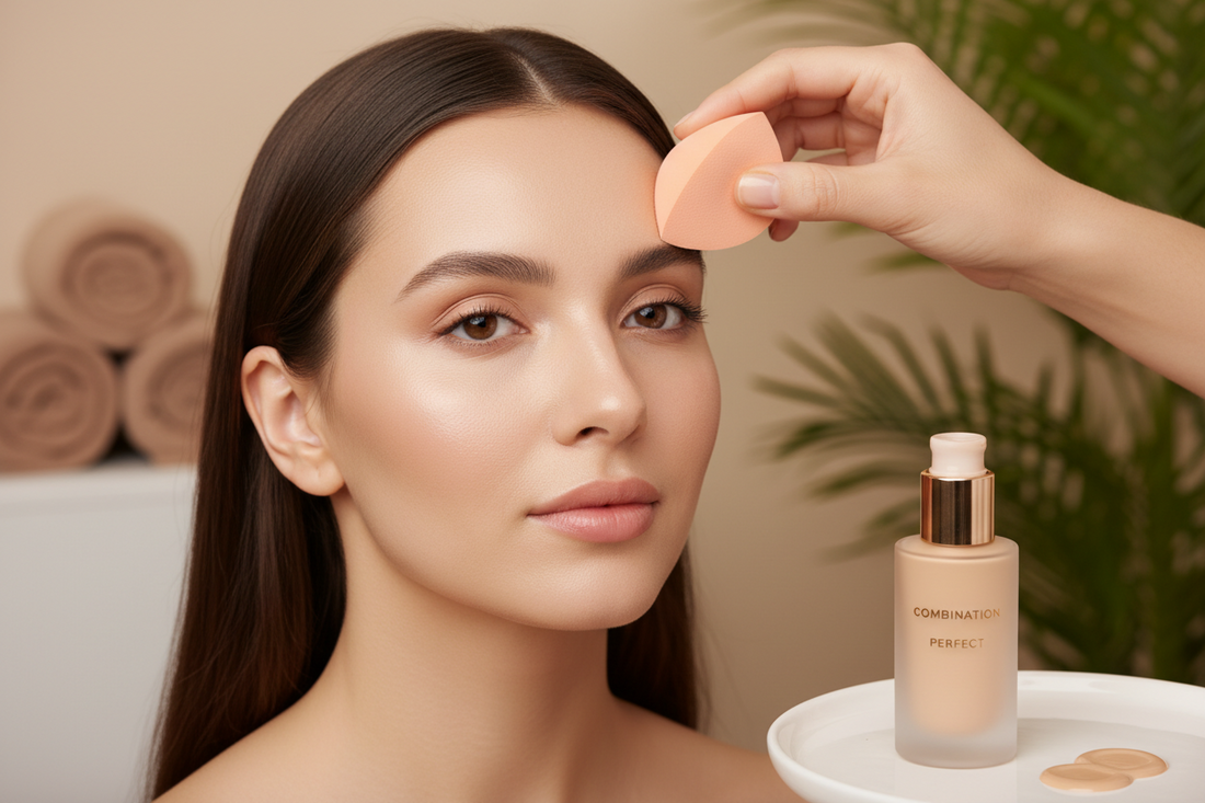 Professional foundation application demonstration on combination skin showing balanced coverage with matte T-zone and hydrated cheeks, featuring makeup sponge and premium foundation bottle