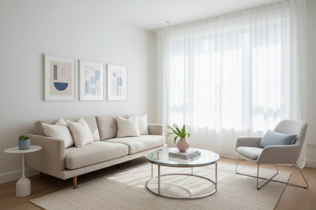 Light beige sofa and pale gray chair in bright small living room with glass coffee table demonstrating space-enhancing furniture colors