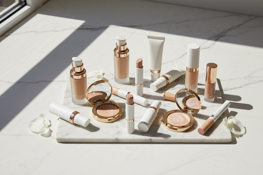 Collection of hypoallergenic makeup products for sensitive skin including foundation, concealer, highlighter, and lip products arranged on white marble surface with natural lighting