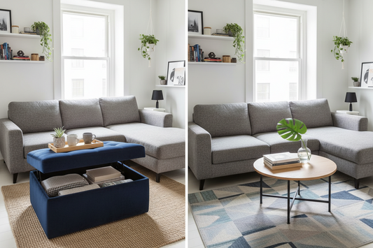 Storage ottoman and coffee table comparison in modern small living room showing space-saving furniture options
