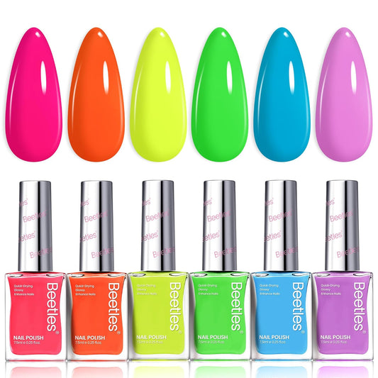 Beetles Neon Nail polish Set, 6 Colors Bright Rainbow Nail Polish Kit Quick Dry Finger Nail Polish Glossy Shine Nail Lacquer Polish Long Lasting Neon Party Gifts for Women